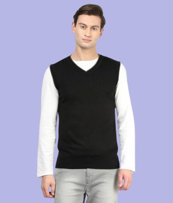 Super Weston Solid V Neck Casual Men Black Sweater