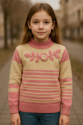manra Striped High Neck Casual Girls Pink, Beige Sweater
