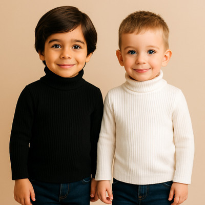 MOM & SON Solid High Neck Casual Boys & Girls Black, White Sweater