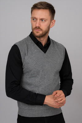 BFY Solid V Neck Formal Men Grey Sweater