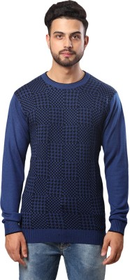 Raymond Printed Round Neck Casual Men Blue Sweater