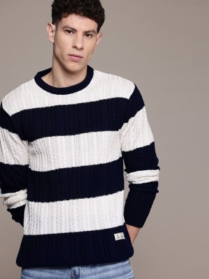 Roadster Striped Round Neck Casual Men White, Black Sweater