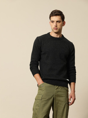 Mr Bowerbird Solid Round Neck Casual Men Black Sweater