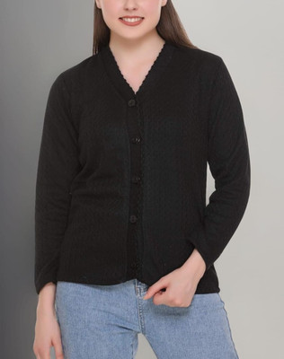 Fashonic Solid V Neck Casual Women Black Sweater