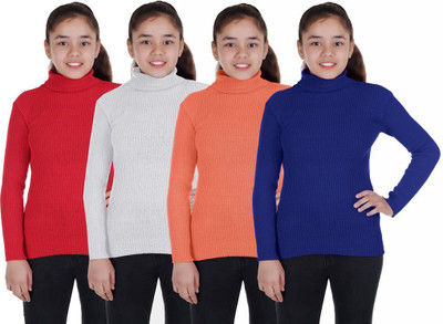 100LUCK Self Design High Neck Casual Girls Multicolor Sweater
