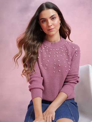 Dressberry Solid, Self Design Round Neck Casual Women Pink Sweater