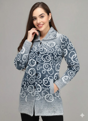 Blushh Collection Printed Collared Neck Casual Women Blue Sweater