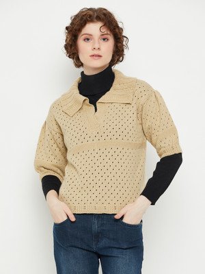 KASMA Self Design Collared Neck Casual Women Beige Sweater