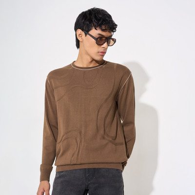 PEOPLE Solid Round Neck Casual Men Brown Sweater