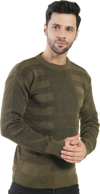 manra Self Design Round Neck Casual Men Green Sweater