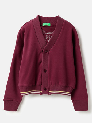 United Colors of Benetton Self Design V Neck Casual Girls Maroon Sweater