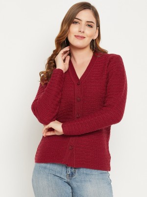 Zigo Self Design V Neck Casual Women Maroon Sweater