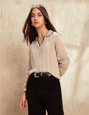 U.S. POLO ASSN. Self Design Collared Neck Casual Women White Sweater