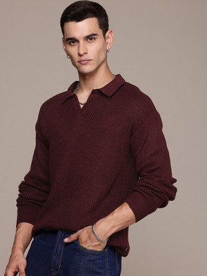 Roadster Self Design Collared Neck Casual Men Red Sweater