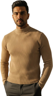 PEAK MOUNT Solid High Neck Casual Men Brown Sweater