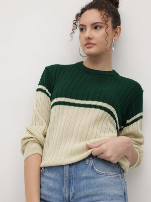 Roadster Colorblock Round Neck Casual Women White Sweater