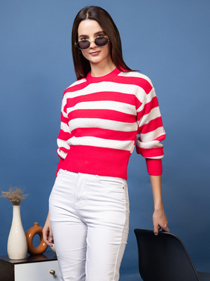 Roadster Striped Round Neck Casual Women Pink, White Sweater