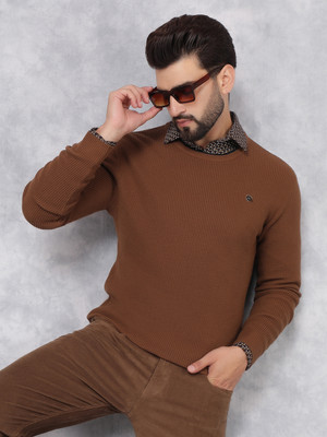 CRIMSOUNE CLUB Solid Round Neck Casual Men Brown Sweater