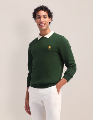 U.S. POLO ASSN. Solid Round Neck Casual Men Green Sweater