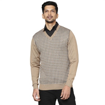 Raymond Houndstooth V Neck Casual Men Beige Sweater