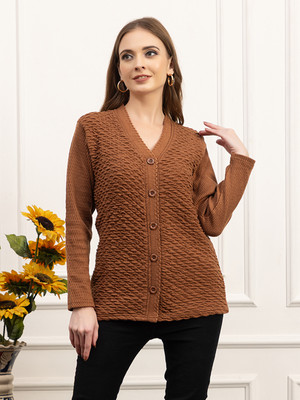 dadu dayal Self Design V Neck Party Women Brown Sweater