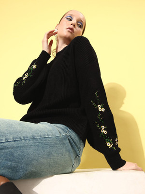 Dressberry Printed Round Neck Casual Women Black Sweater