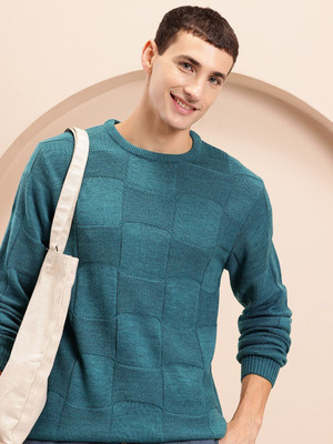 Mast & Harbour Self Design Round Neck Casual Men Green Sweater