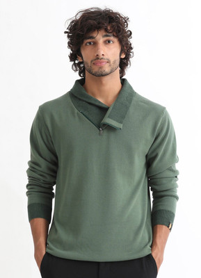 RARE RABBIT Solid Round Neck Casual Men Green Sweater