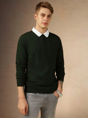 Dennis Lingo Solid Round Neck Casual Men Green Sweater