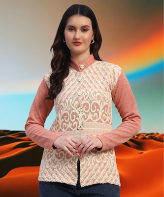 QUIN FLETCHER Printed Mandarin Neck Casual Women Pink Sweater