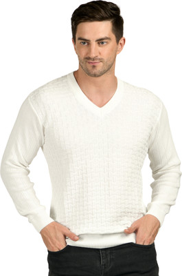 NICO WESLEY Self Design V Neck Casual Men White Sweater