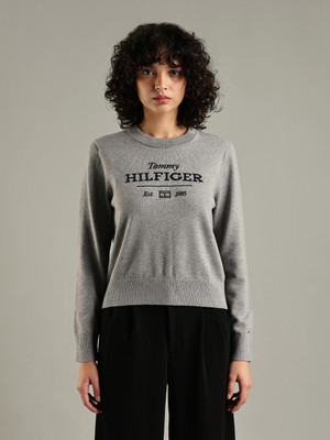 TOMMY HILFIGER Printed Crew Neck Casual Women Grey Sweater
