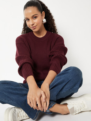MAX Self Design Round Neck Casual Women Red Sweater
