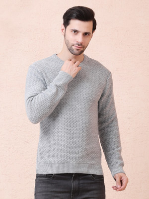 NOQUO Self Design Round Neck Casual Men Grey Sweater