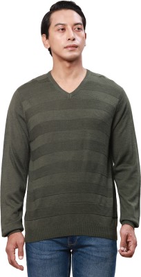 PARK AVENUE Solid V Neck Casual Men Green Sweater