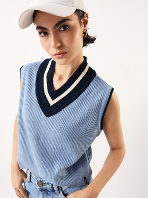Hubberholme Striped V Neck Casual Women Blue Sweater