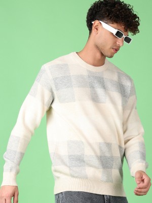 V-MART Checkered Round Neck Casual Men Beige Sweater