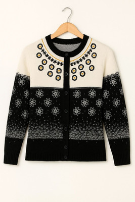 HouseOfCommon Self Design Round Neck Casual Women White, Black Sweater