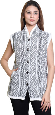 avmay Geometric Print V Neck Casual Women White Sweater
