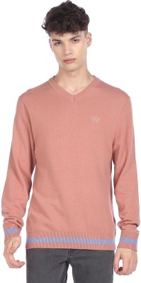 ARROW Solid V Neck Casual Men Orange Sweater