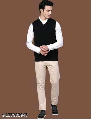 LUXURIOUS DESIGN Self Design V Neck Formal Men Black Sweater