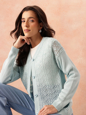 all about you Self Design V Neck Casual Women Blue Sweater