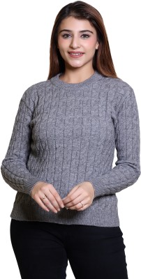 LEZA Self Design Round Neck Casual Women Grey Sweater