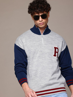 Roadster Self Design High Neck Casual Men Grey Sweater