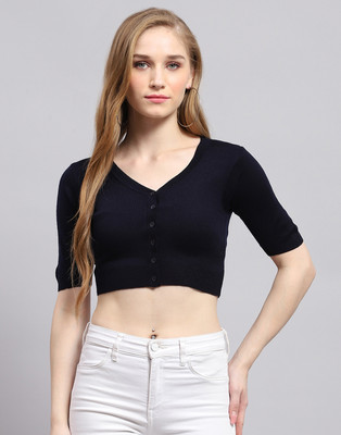 MONTE CARLO Solid V Neck Casual Women Dark Blue Sweater