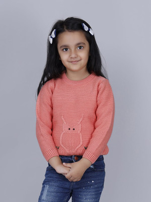 Joe Hazel Self Design Round Neck Casual Girls Pink Sweater