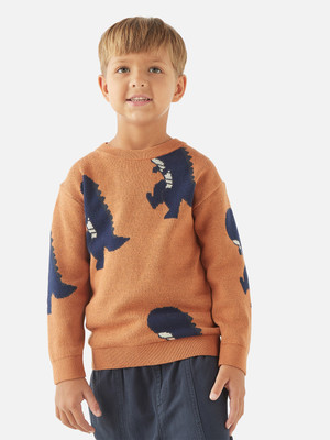 JUNIORS by Babyshop Printed Round Neck Casual Boys Brown Sweater