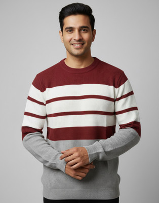 AUREN Colorblock Round Neck Casual Men Maroon Sweater