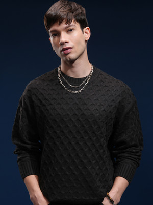 HIGHLANDER Self Design Round Neck Casual Men Black Sweater