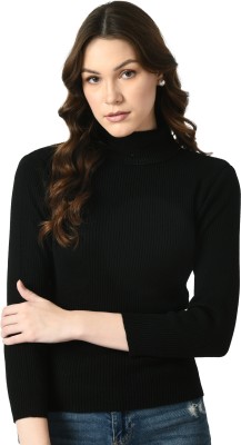 KLART Solid, Striped High Neck Casual Women Black Sweater